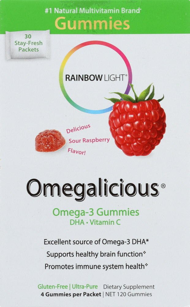 RAINBOW LIGHT: Omegalicious Omega-3 Gummies Sour Raspberry, 30 Packets