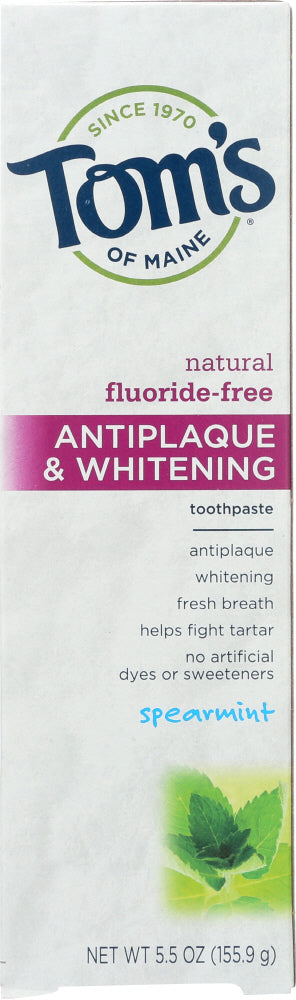 TOMS OF MAINE: Antiplaque & Whitening Fluoride-Free Toothpaste Spearmint, 5.5 Oz