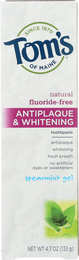 TOMS OF MAINE: Fluoride-Free Antiplaque & Whitening Toothpaste Spearmint Gel, 4.7 Oz