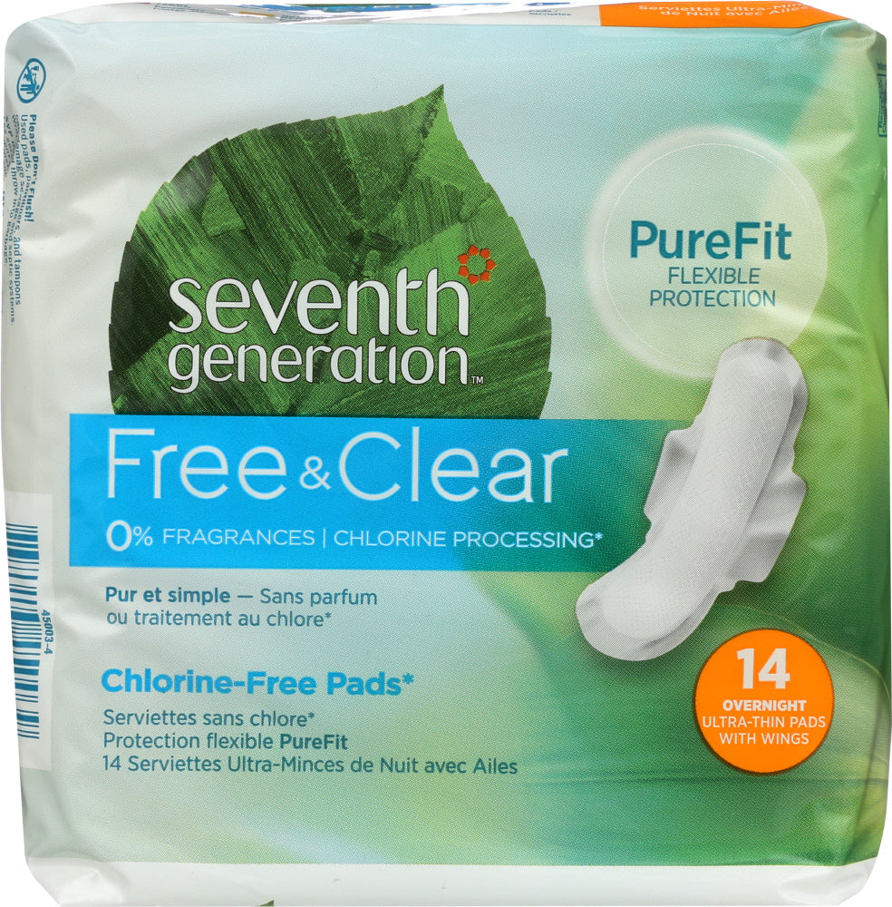SEVENTH GENERATION: Free & Clear Ultra-Thin Overnight Pads with Wings, 14 pc