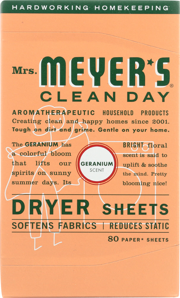 MRS. MEYER'S: Clean Day Dryer Sheets Geranium Scent, 80 sheets