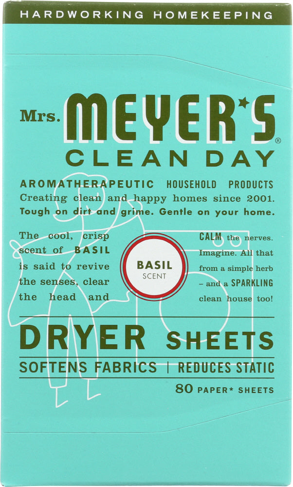 MRS. MEYER'S: Clean Day Dryer Sheets Basil Scent, 80 sheets