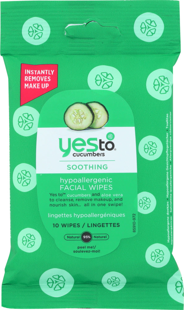 YES TO: Wipes Facial Hypallergenic Cucumber Soothing, 10 pc