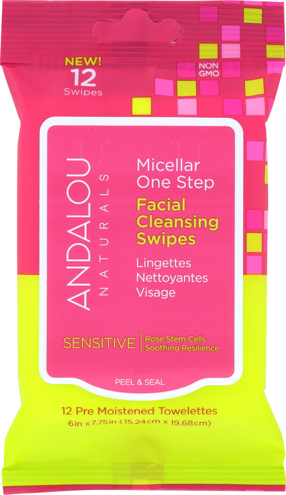 ANDALOU NATURALS: Micellar One Step Facial Cleansing Swipes Sensitive, 12 pc