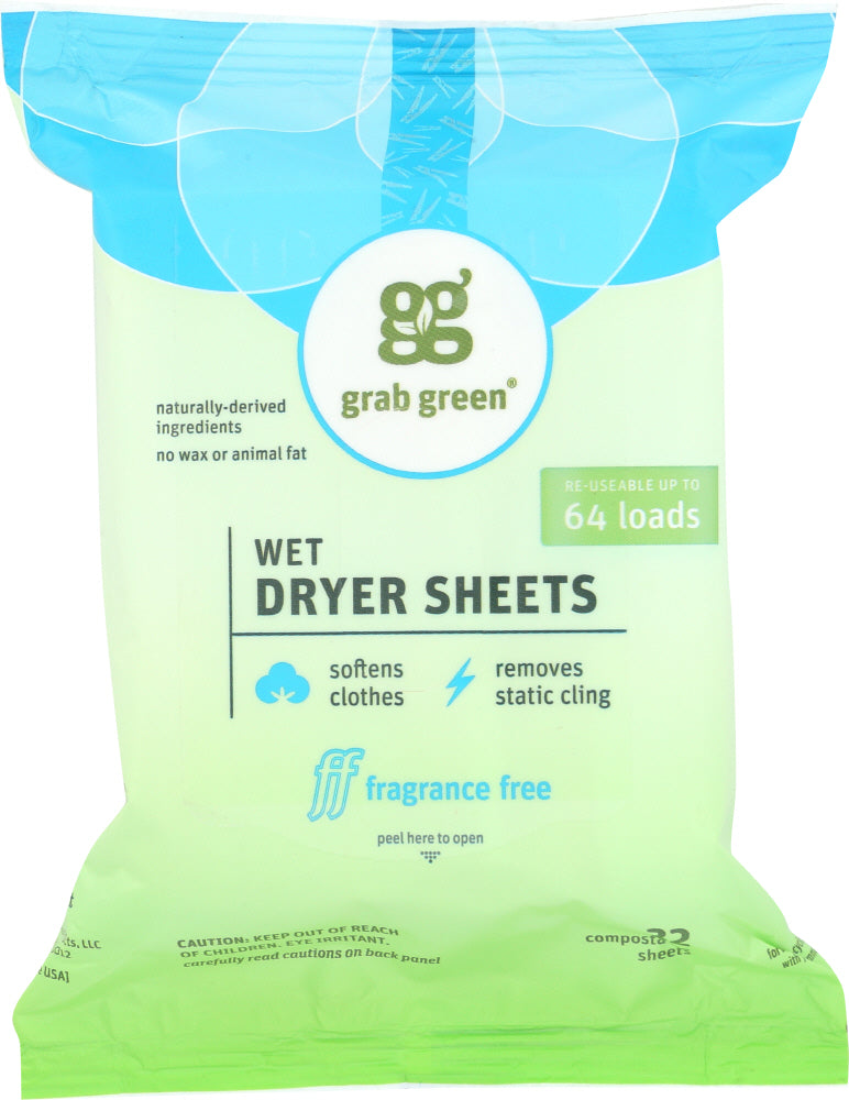 GRABGREEN: Wet Dryer Sheets Fragrance Free, 8.64 oz