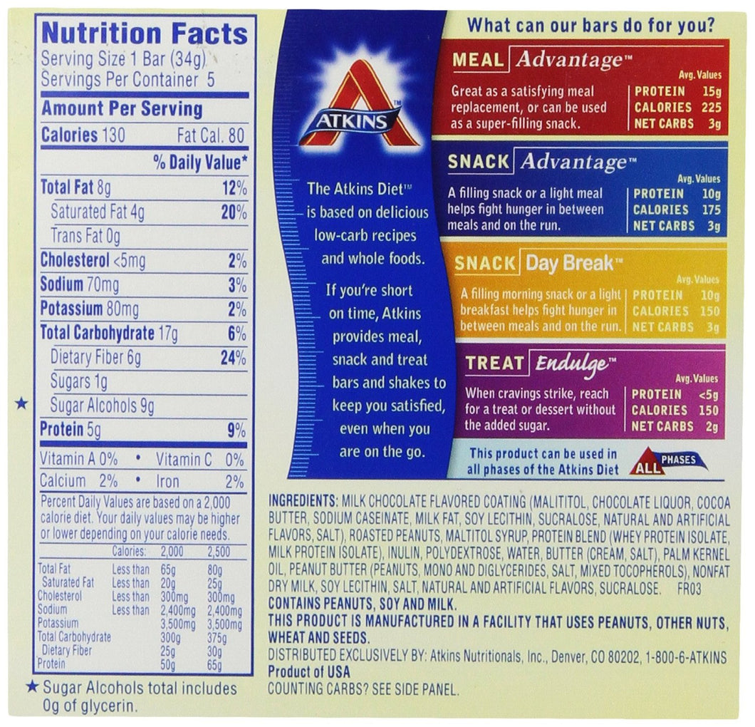 ATKINS: Endulge Caramel Nut Chew Treat Bar 5 bars (1.2 oz each), 6 oz